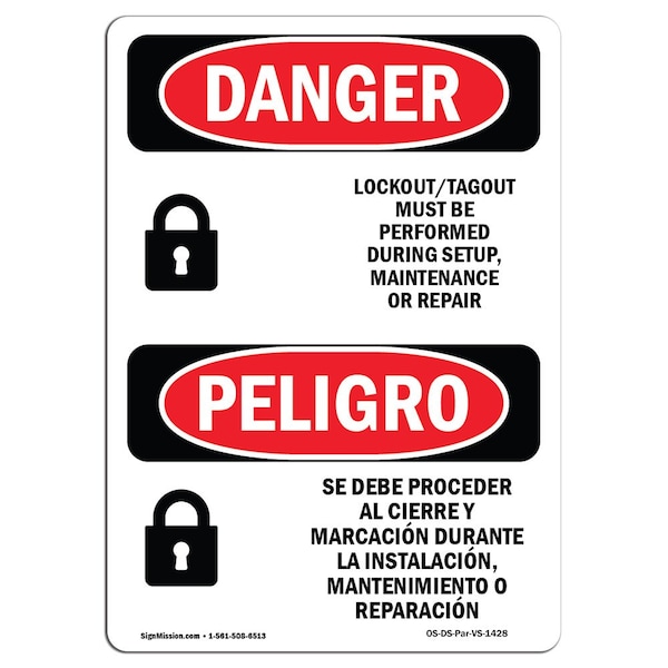 Safety Sign, OSHA Danger, 24" Height, Lockout Tagout Setup Maintenance Bilingual Spanish